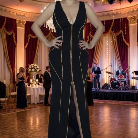 VESTIDO STRECH NEGRO CON RAYAS DORADAS