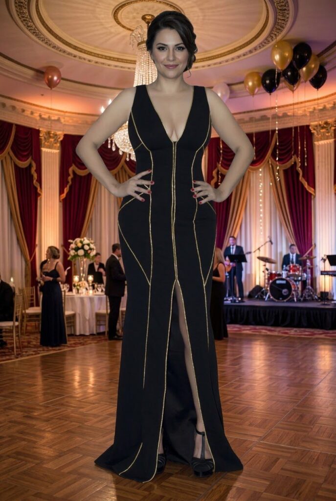 VESTIDO STRECH NEGRO CON RAYAS DORADAS