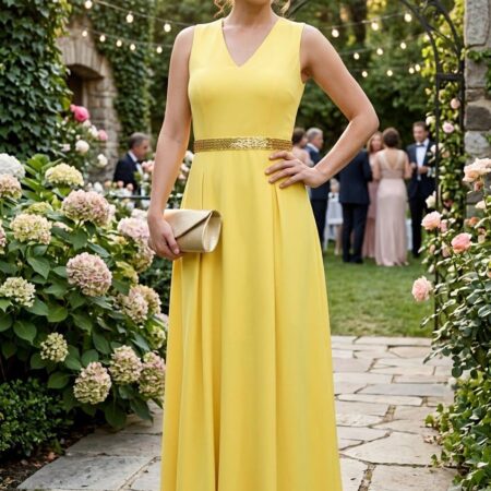 VESTIDO AMARILLO CON CINTURILLA EN DORADO