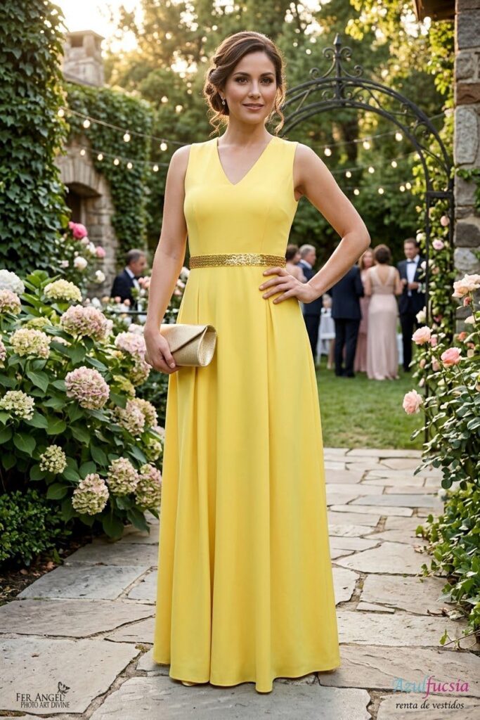 VESTIDO AMARILLO CON CINTURILLA EN DORADO