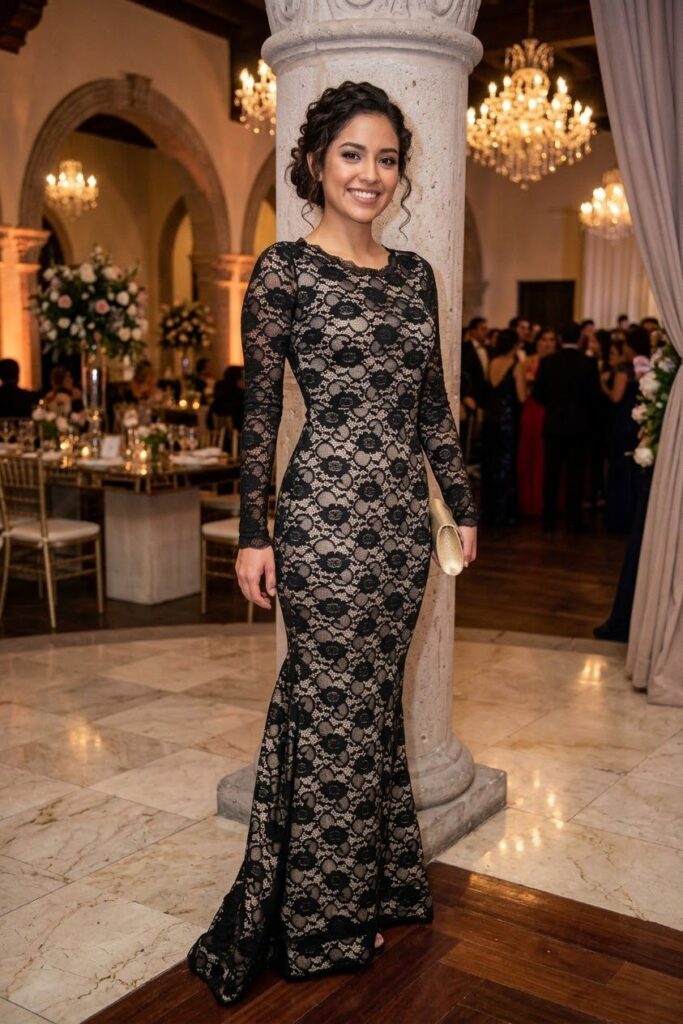 VESTIDO NEGRO EN ENCAJE CON FORRO COLOR NUDE