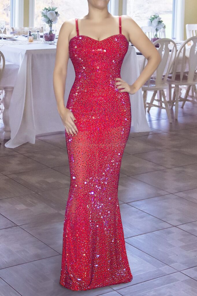 VESTIDO LARGO ROJO CON PIEDRAS Y CORTO