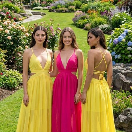 VESTIDO AMARILLO Y FUCSIA ESCOTE ESPALDA