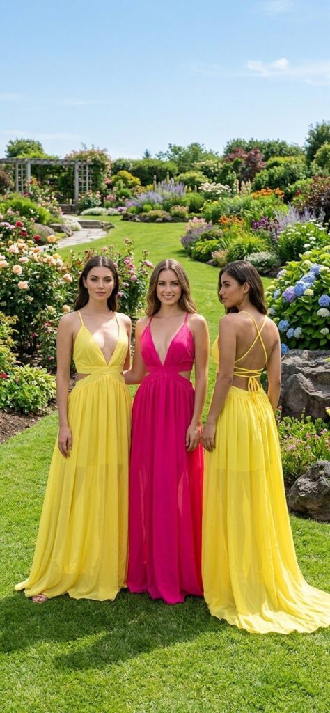 VESTIDO AMARILLO Y FUCSIA ESCOTE ESPALDA