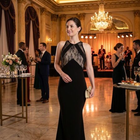 VESTIDO NEGRO CON DISEÑO EN ENCAJE CORTE SIRENA