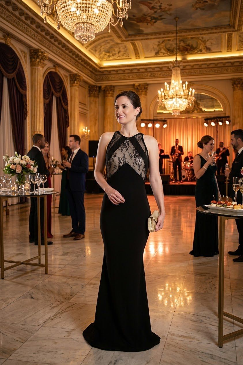 VESTIDO NEGRO CON DISEÑO EN ENCAJE CORTE SIRENA